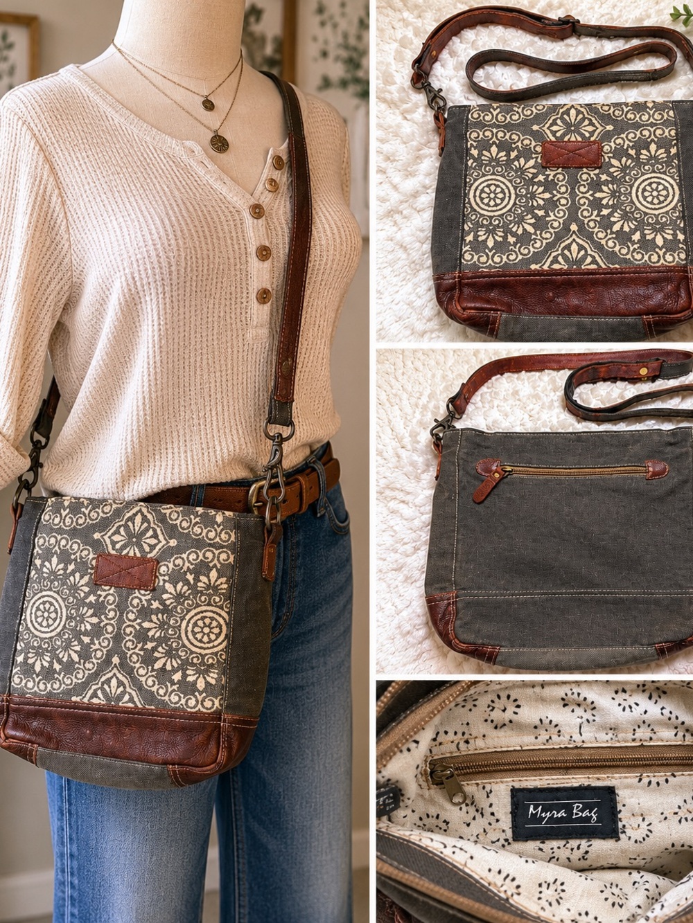Myra Bag Gray Canvas Crossbody with Brown Leather Accents and Patterned Panel